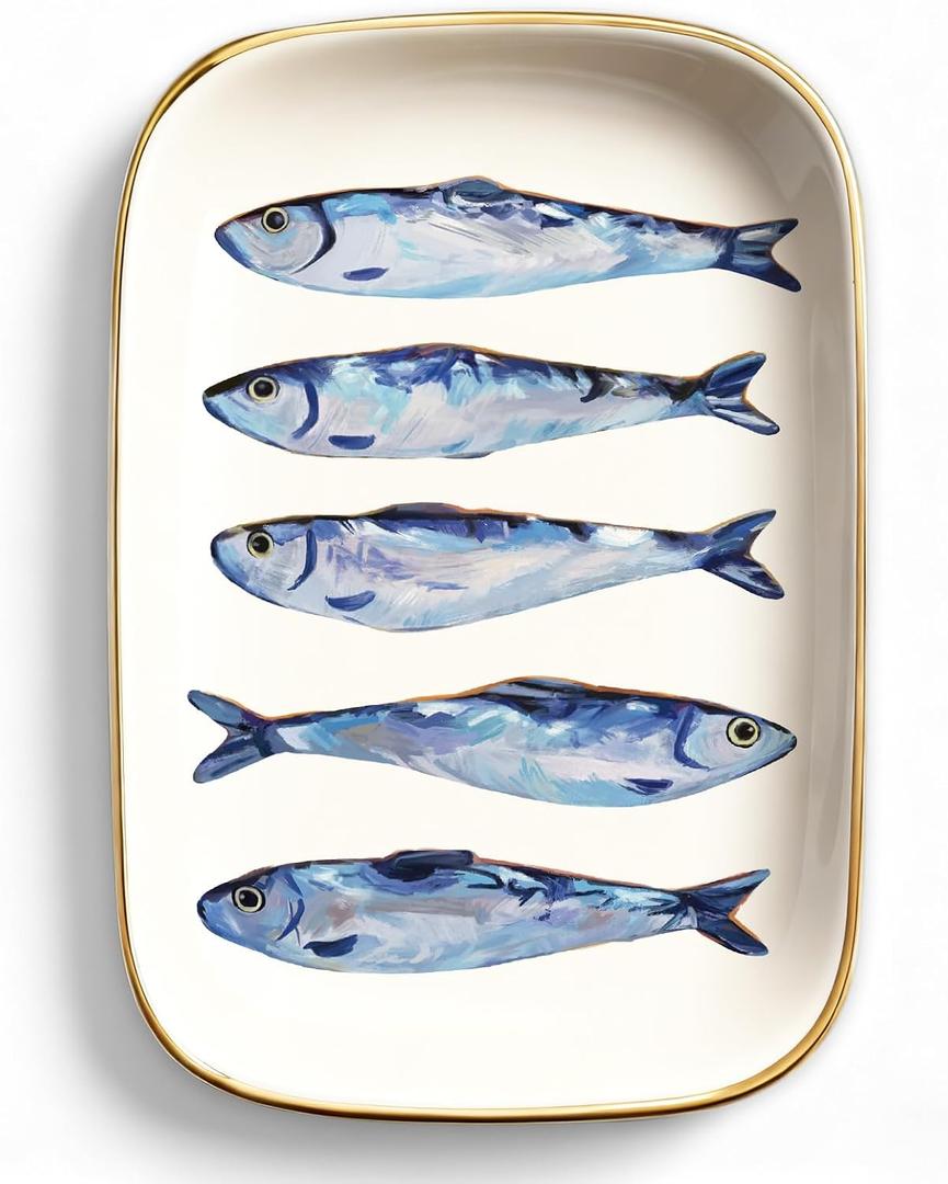 FYSUIMU Sardines Trinket Tray Ceramic Jewelry Dish Aesthetic Fish Decorative Key Tray for Home Bathroom Dresser Table Countertop Decoration