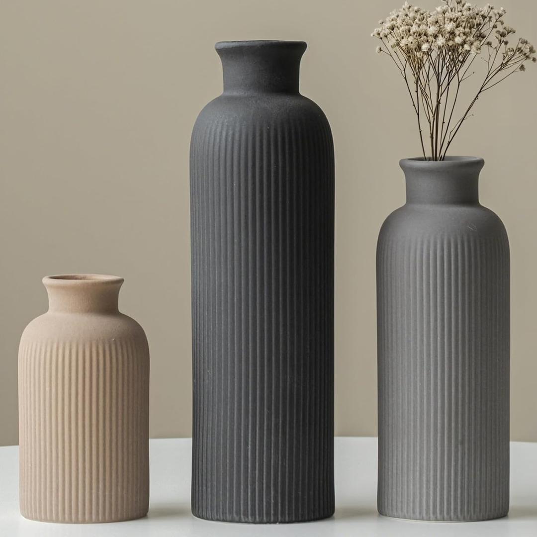 Modern Ceramic Vase Set, Black Ribbed Matte Design, 3-Piece Decorative Vases for Home, Living Room, Office (Black Mix)
