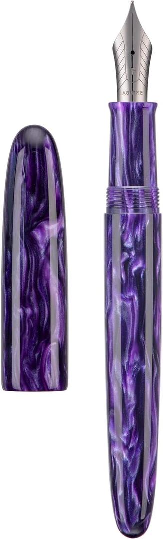 Asvine C80 Fountain Pen #8 Fine Nib Large Handcraft Pen with Converter Pen Case Collection Set (Purple Ripple)