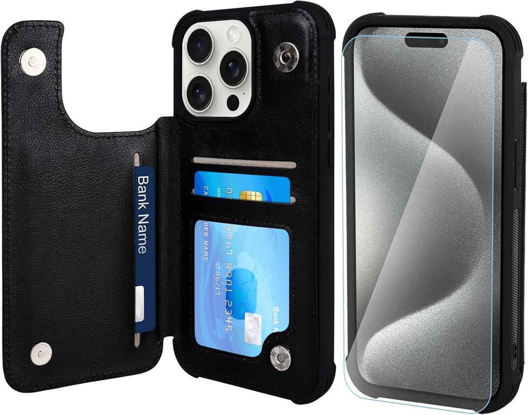 VANAVAGY Wallet Case Compatible for iPhone 15 Pro for Women Men with Credit Card Holder,RFID Block Leather Flip Folio Phone Cover Magnetic Clasp Kickstand with Screen Camera Protector,Black