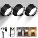 LED Wall Mounted Lights, Rechargeable Wall Sconces with Remote & Touch Control, 3 Color Temperatures 360 Rotation Dimmable Cordless Wall Light for Bedroom Study Reading Bedside (Black, 3 Pack)