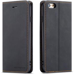 QLTYPRI Case for iPhone SE 2022 5G/SE 2020/8/7, Premium PU Leather Cover TPU Bumper with Card Holder Kickstand Magnetic Adsorption Flip Wallet Case - Black