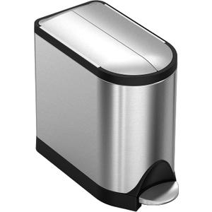 simplehuman 10 Liter / 2.6 Gallon Butterfly Lid Bathroom Step Trash Can, Brushed Stainless Steel with Black Trim