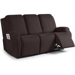 TAOCOCO Recliner Sofa Slipcover, 3 Pieces Polyester Fabric Stretch Sofa Covers for 3 Seat Reclining Couch, Soft Washable Furniture Protector with Pockets (3 Seat, Coffee)