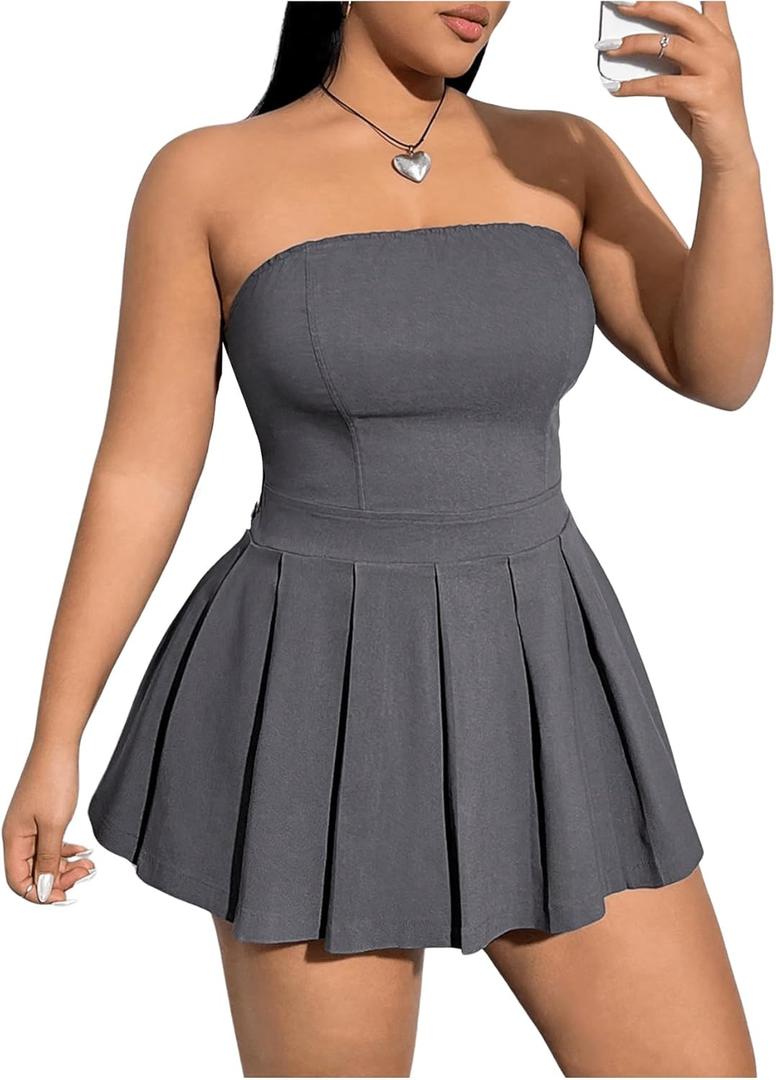 MakeMeChic Women's Plus Size Strapless Pleated Dress High Waist Y2K Club Mini Dress (X-Large Plus, Dark Grey) MakeMeChic Women's Plus Size Strapless Pleated Dress High Waist Y2K Club Mini Dress (X-Large Plus, Dark Grey)