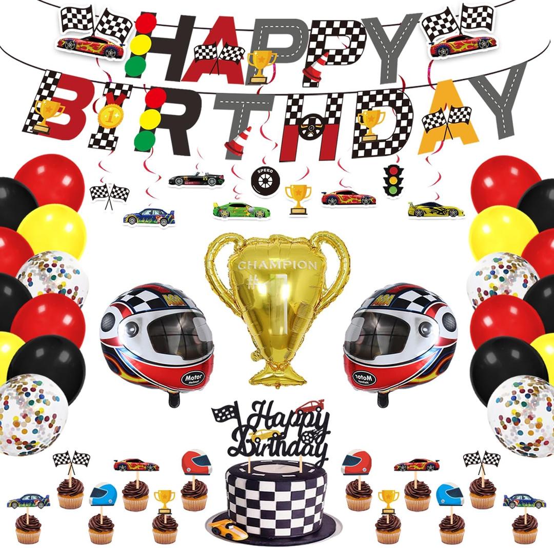 Race Car Birthday Party Supplies - Decorations With Happy Birthday Banner, Cake Topper, Cupcake Toppers, Balloons, Hanging Swirls for Boys Let's Go Racing Party