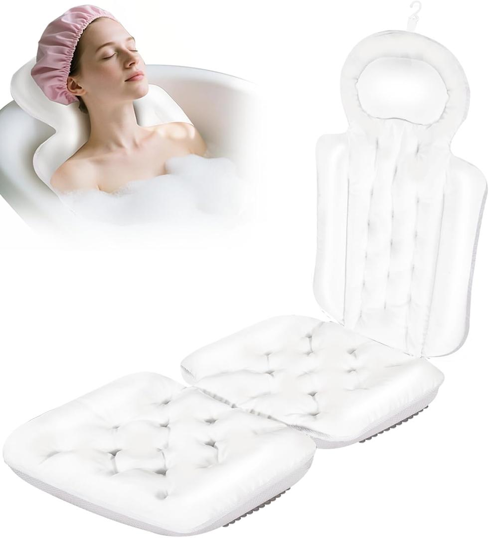 Full Body Bath Pillow for Bathtub, Thick Bathtub Cushion with Non Slip Suction Cups and Laundry Bag, Luxury Tub Pillow for Bath for Headrest Neck and Back Support White 51" x 16"