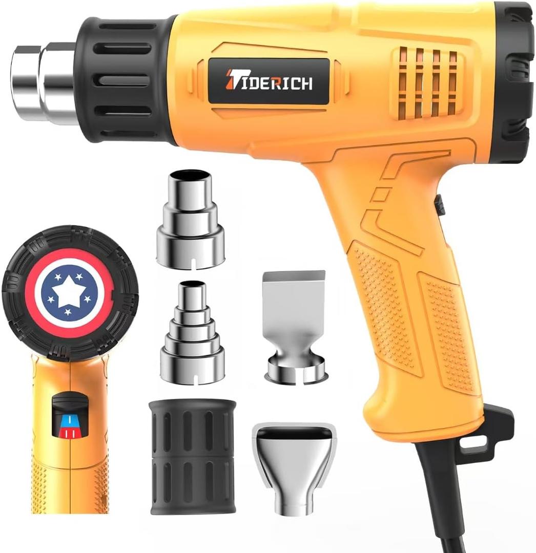 Heat Gun,1800W Fast Heating 572&1202,Heavy Duty in Compact Body,Steady Dual TEMP Setting by Rear-Mounted Switch,Multiduty Heat Gun for Crafting ,Shrink Tubing ,Vinyl Wrap,4 Nozzles (Yellow)