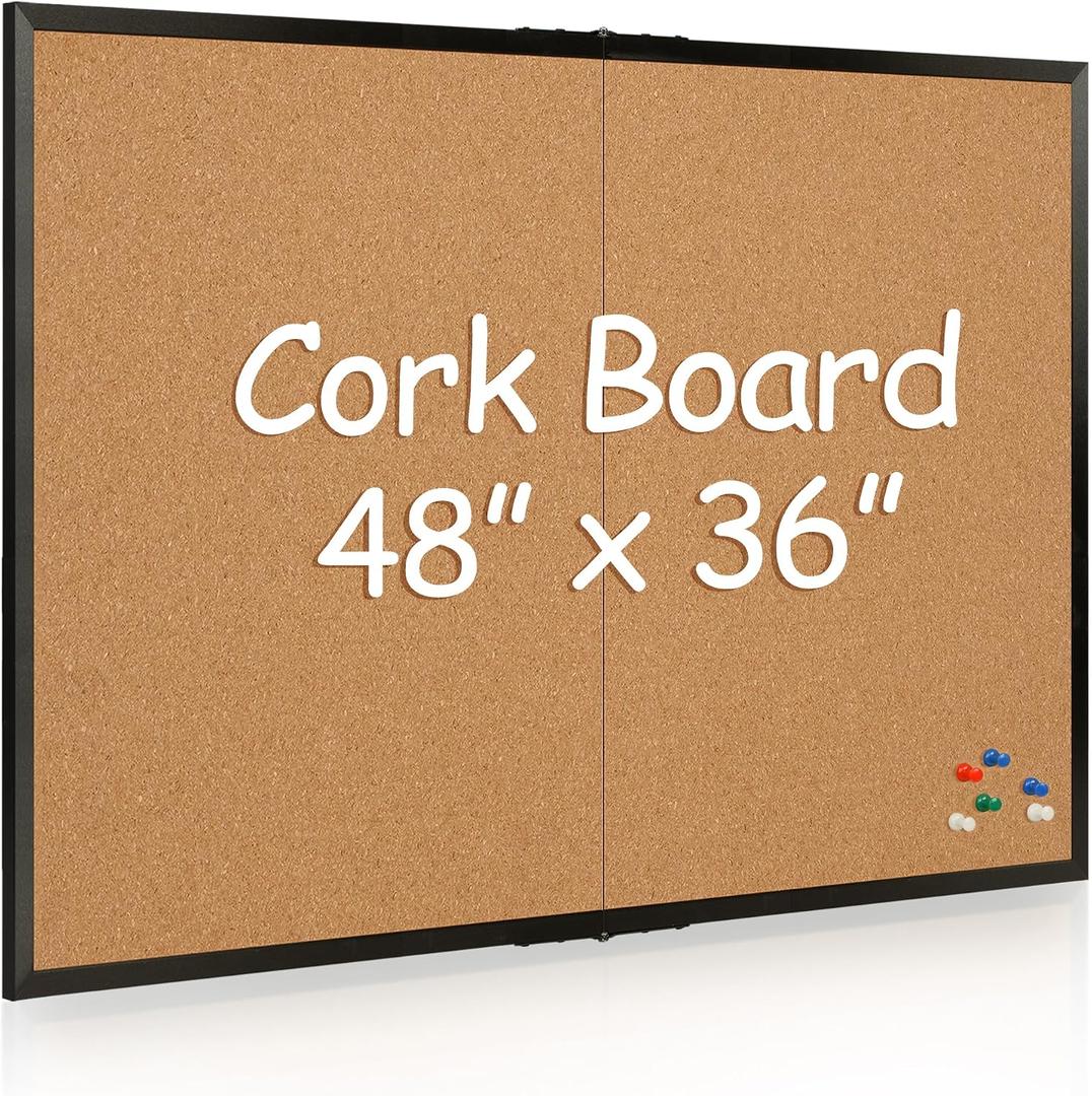 Board2by Cork Board Bulletin Board 36 x 48, Black Wood Framed 4x3 Corkboard, Foldable Office Board for Wall Decor, Large Wall Mounted Notice Pin Board with 36 Push Pins for School, Home & Office, 48" x36"
