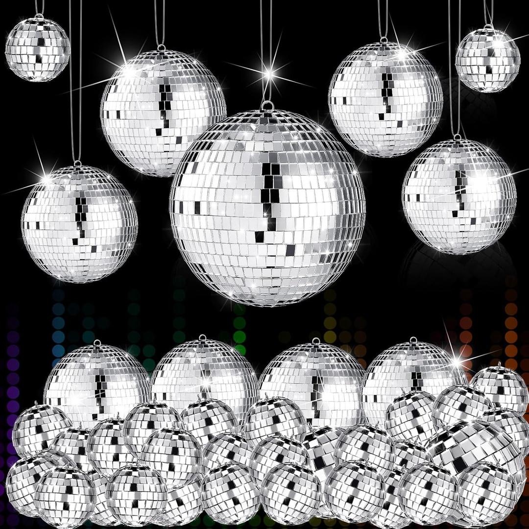 65 Pcs Disco Balls Decoration Mirror Disco Ball Ornament Assorted Size Hanging Silver Balls for Mardi Gras 70s Themed Wedding Bachelorette Party Dance Ballroom Stage (3.2/2.4/2 / 1.2 in)