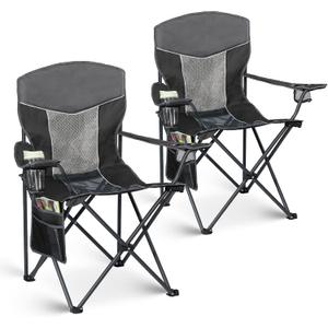 Outdoor Camping Chair 2-Pack with Mesh Back, Folding Portable Lawn Chairs with Cup Holder & Side Storage Pocket for Camping, Beach, Picnic, Fishing(Black)
