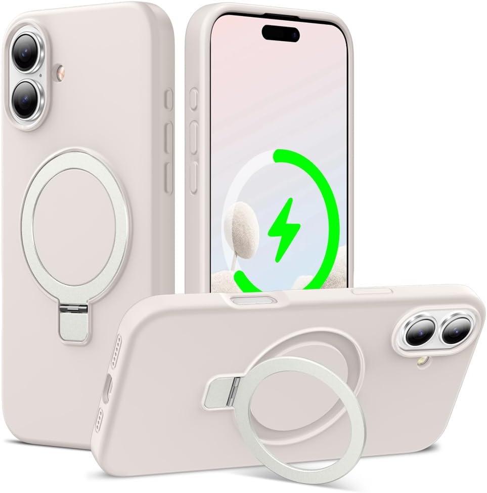 ZHK Liquid Silicone Designed for iPhone 17 Case with Magnet Stand, [Precise Camera Lens Protection][Mil-Grade Drop Shockproof][Soft Anti-Scratch Microfiber Lining] Slim Fit Cover, Beige (iPhone 17 6.3 inch)