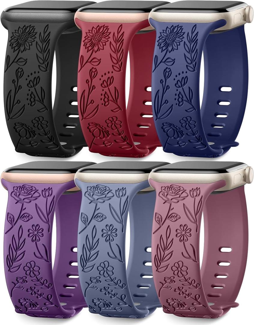 SNBLK 6 Pack Floral Engraved Bands Compatible with Apple Watch Bands 40mm 41mm 42mm 38mm 44mm 45mm 46mm 49mm Women Men, Silicone Flower Pattern Strap for iWatch Series 11 10 Se Ultra 9 8 7 6 5 4 3 2 1 (Black/Wine Red/Midnight Blue/Dark Purple/Blue Grey/Smoke Violet)