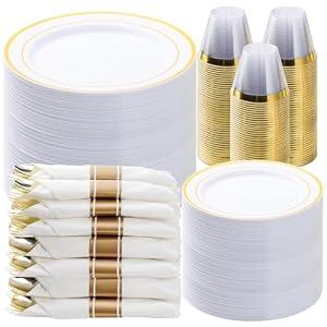 BESTVIP 525PCS Gold Plastic Dinnerware Set for 75 Guests, Disposable Plates for Party, Include: 150 Plastic Plates, 75 Pre Rolled Napkins with Gold Silverware, 75 Cups for Christmas, Halloween