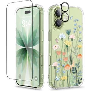 GVIEWIN for iPhone 17 Case, with Screen Protector+Camera Lens Protector, [NonYellowing] Clear Floral Slim Shockproof Protective Hard PC Back Women Phone Case for iPhone 17 6.3", Bloomtrail/Colorful