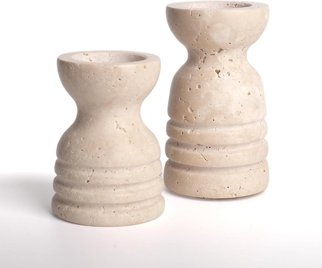 WORHE Candle Holders Italy True Natural Travertine Stone Set of 2 Premium Marble Candlestick Holder for Wedding Dinning Party Candle Stand for Dia 3/4" Taper Pillar Candles Color Beige (CH6065YL)