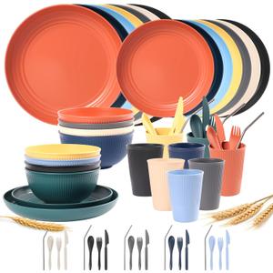 64PCS Wheat Straw Dinnerware Set for 8 BPA Free Kitchen Unbreakable Set for Home Outdoor Camping Assorted Color