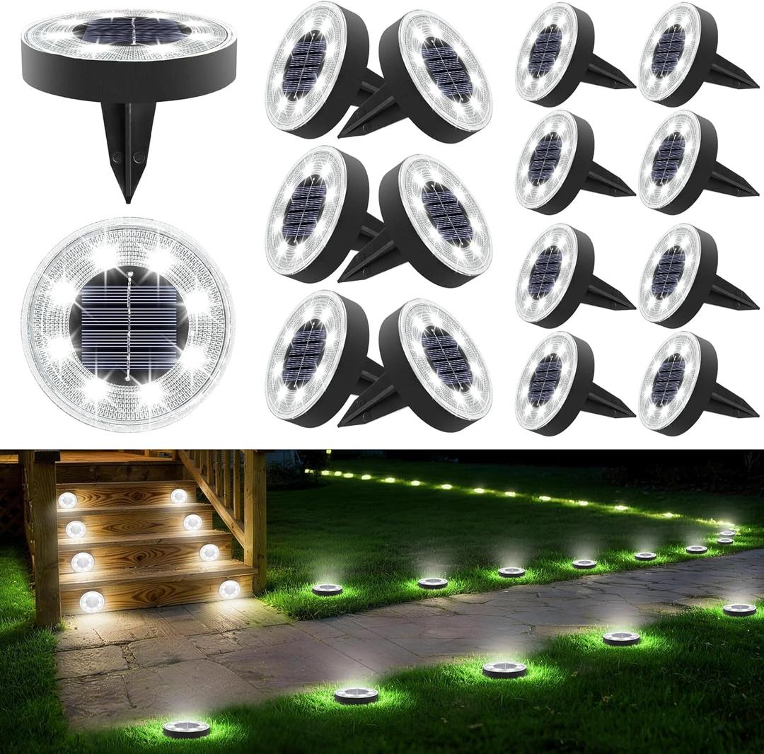 Joomer 16 Pack Solar Ground Lights, 2-in-1 Solar Lights Outdoor Waterproof Solar Powered Disc Light Landscape Garden Lighting Light for Patio Pathway Lawn Yard Driveway Walkway Deck Step(White)