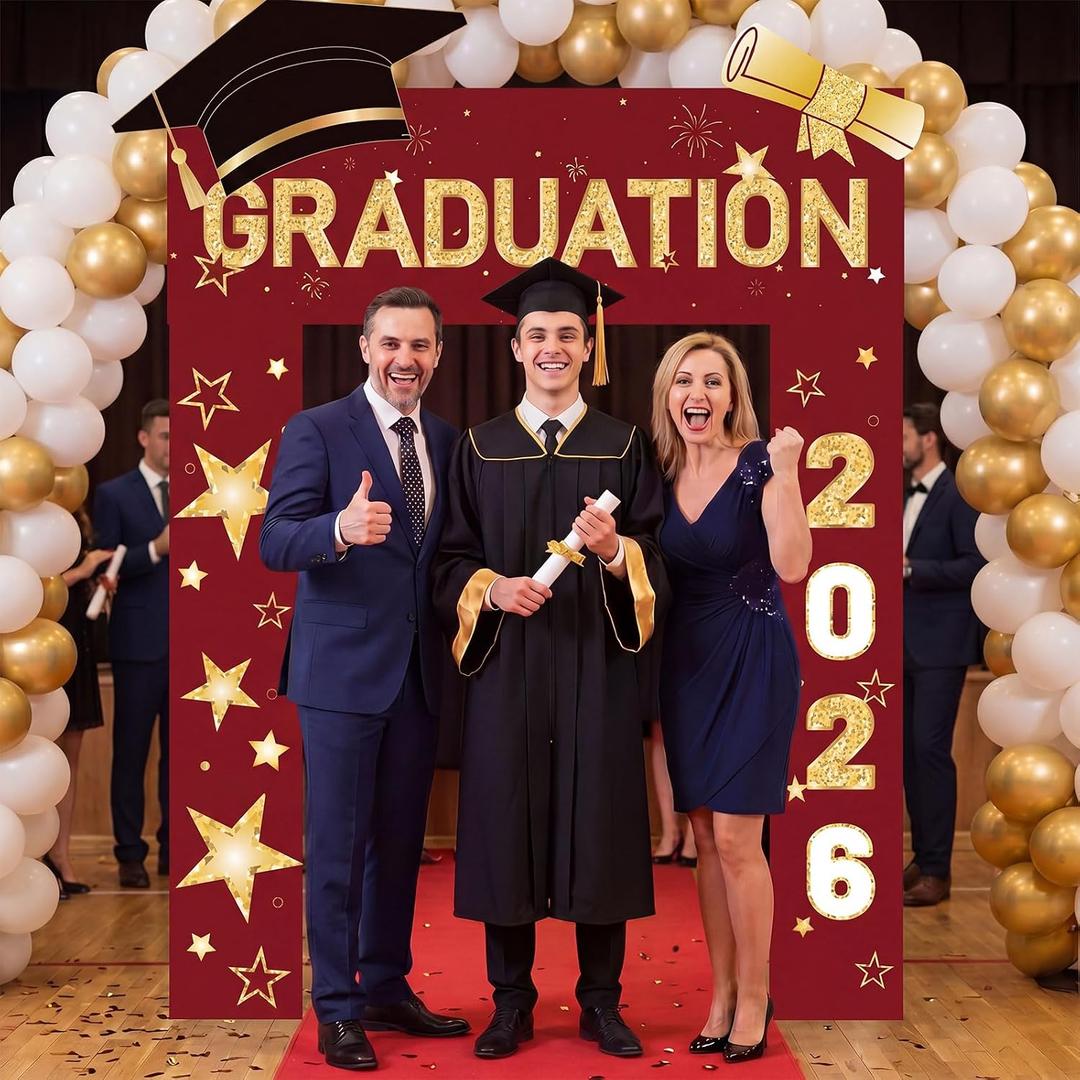 3 x 3 Pcs 2026 Gradution Party Decoration Grad Photo Booth Prop Backdrop Congrats Graduation Background 2026 Red and Black Grad Banner Decor for Yard Porch Indoor Outdoor Party Entrance Decorations