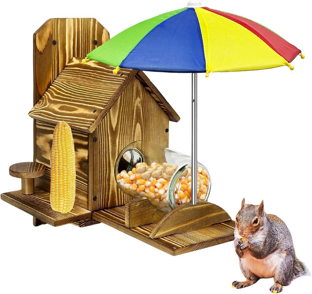 Large Wooden Squirrel Feeder with Umbrella - Tree Nut Bar, Peanut and Corn Chipmunk House Kit - Natural Wooden Garden Decorations and Squirrel Gifts (Carbonized Wood)