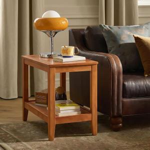 Side Table, Solid Wood Rectangular End Table with Storage Shelf, 2-Tier Coffee Table for Living Room, Rubber Wood Small Sofa Table, Nightstand 19.69 H x 13.39 W x 23.62 D Inches (Natural)