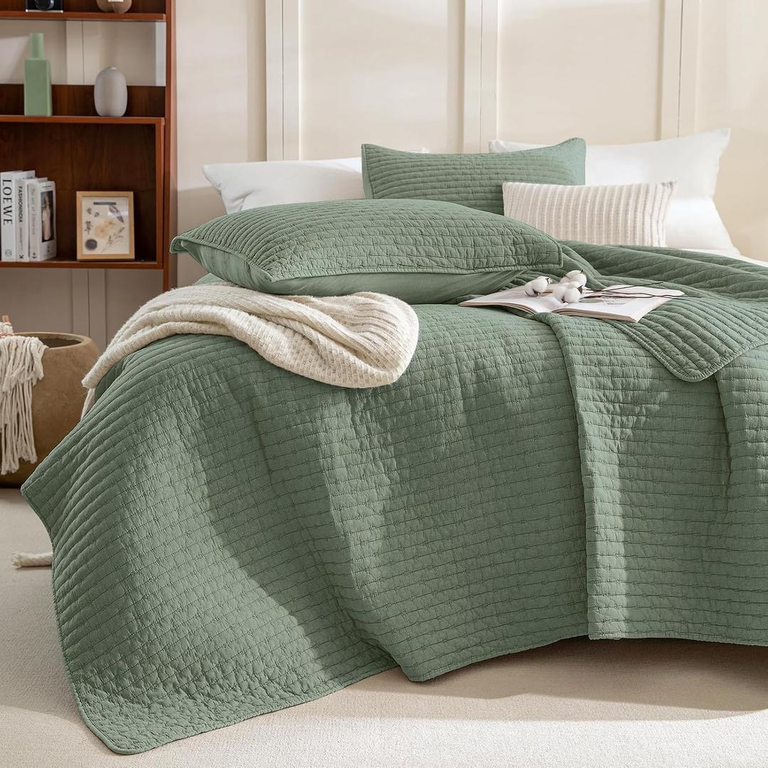 Sanracie Stonewashed Oversized King Quilt(120"x120"), Cotton Green Cross Stitch Pattern California King Quilt Sets 3Pcs Ultra Soft Breathable Crinkle Bed Coverlet Set for All Season
