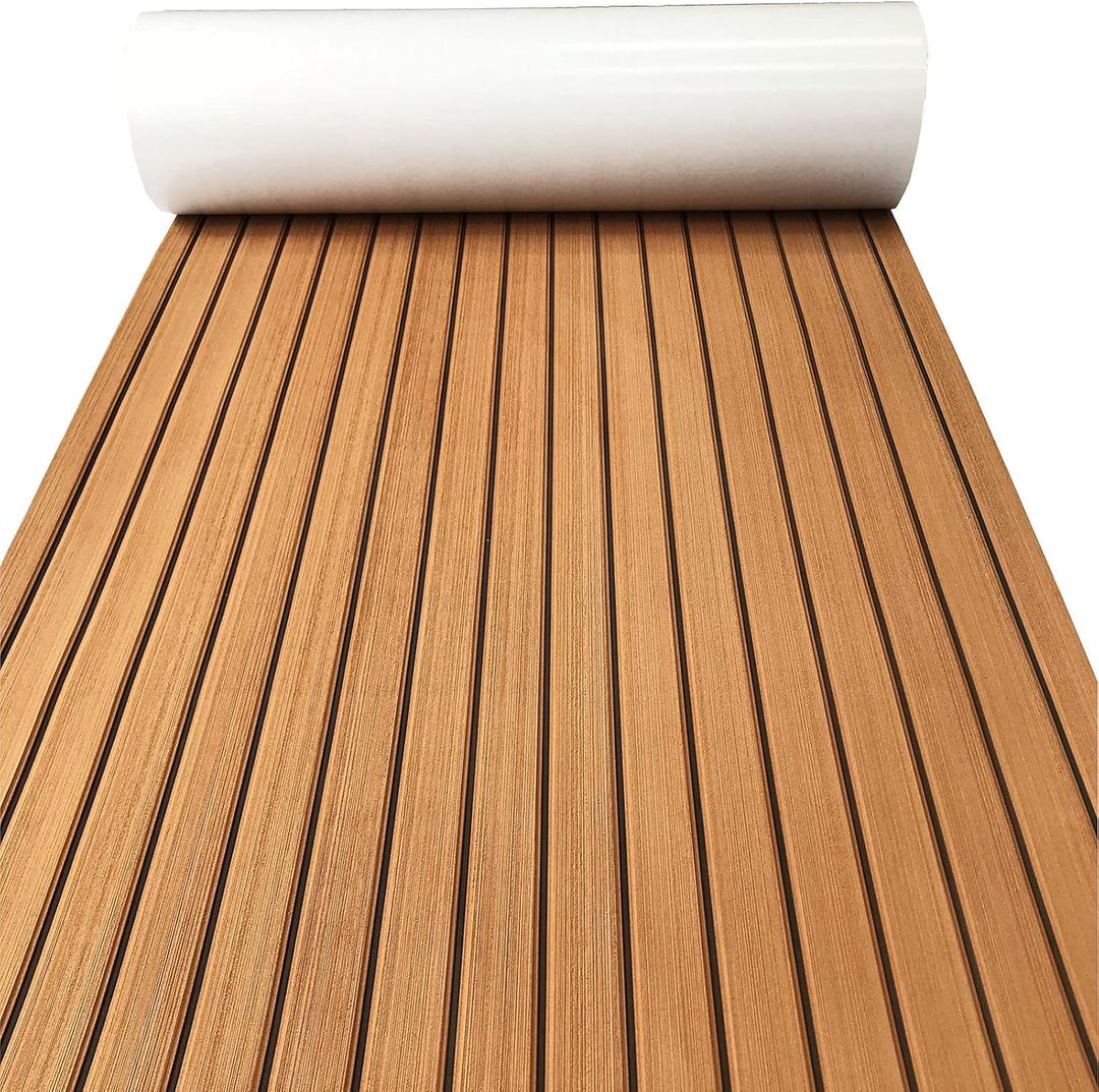 KXKZREN Boat Flooring EVA Foam Decking Sheet Faux Teak Marine Mat Marine Carpet Cooler Tops Non-Slip Self-Adhesive Flooring for Motorboat RV Yacht Kayak Swim Platform 94" x 47"/44"/35"/23"/16" (Brown With Black Seam Lines)