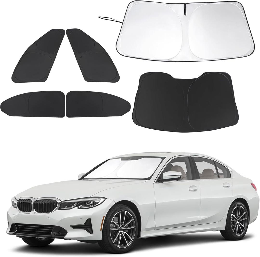 6PCS Windshield Sun Shade Custom Fit for 2019-2024 2025 BMW 3 Series Accessories Foldable Sunshade Side Rear Window Shade Cover Full Set Privacy Protection Keeps Car Cool