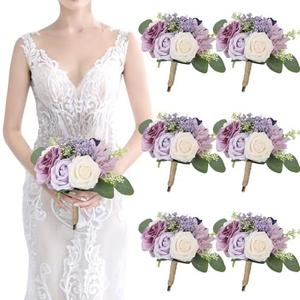 Artificial Bridesmaid Bouquets 6 Pcs - 7 Inch Pre-made Bridesmaids Bouquet Small Silk Rose Handmade for Wedding Holding Flowers, Bridal Shower Wedding Centerpieces Ceremony and Anniversary- Lilac