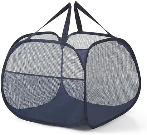 Kimmama Collapsible Mesh Laundry Basket,Foldable Pop Up Laundry Hamper with Side Pocket,Removable Clothes Storage Bin with Handle for Laundry Room,College Drom,Bathroom,Kid Room,Travel,95L,Navy