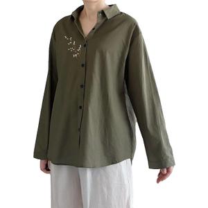 Minibee Women's Cotton Linen Button Down Shirts Long Sleeve Embroidered Blouses Casual Loose Fit Tunic Tops (Green, XXL)
