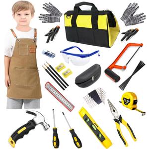 Kids Real Tools Set, Woodworking Tool Set, 38 Pieces with Tool Bag, Wood Workers Apron, Hand Saw, Children Construction Learning Gift