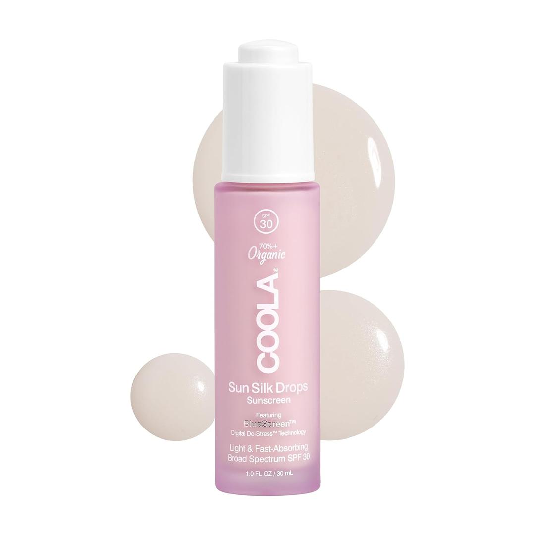 COOLA Organic Sun Silk Drops and Face Moisturizer with SPF 30, Dermatologist Tested Sunscreen with Plant-Derived BlueScreen Digital De-Stress Technology, 1 Fl Oz