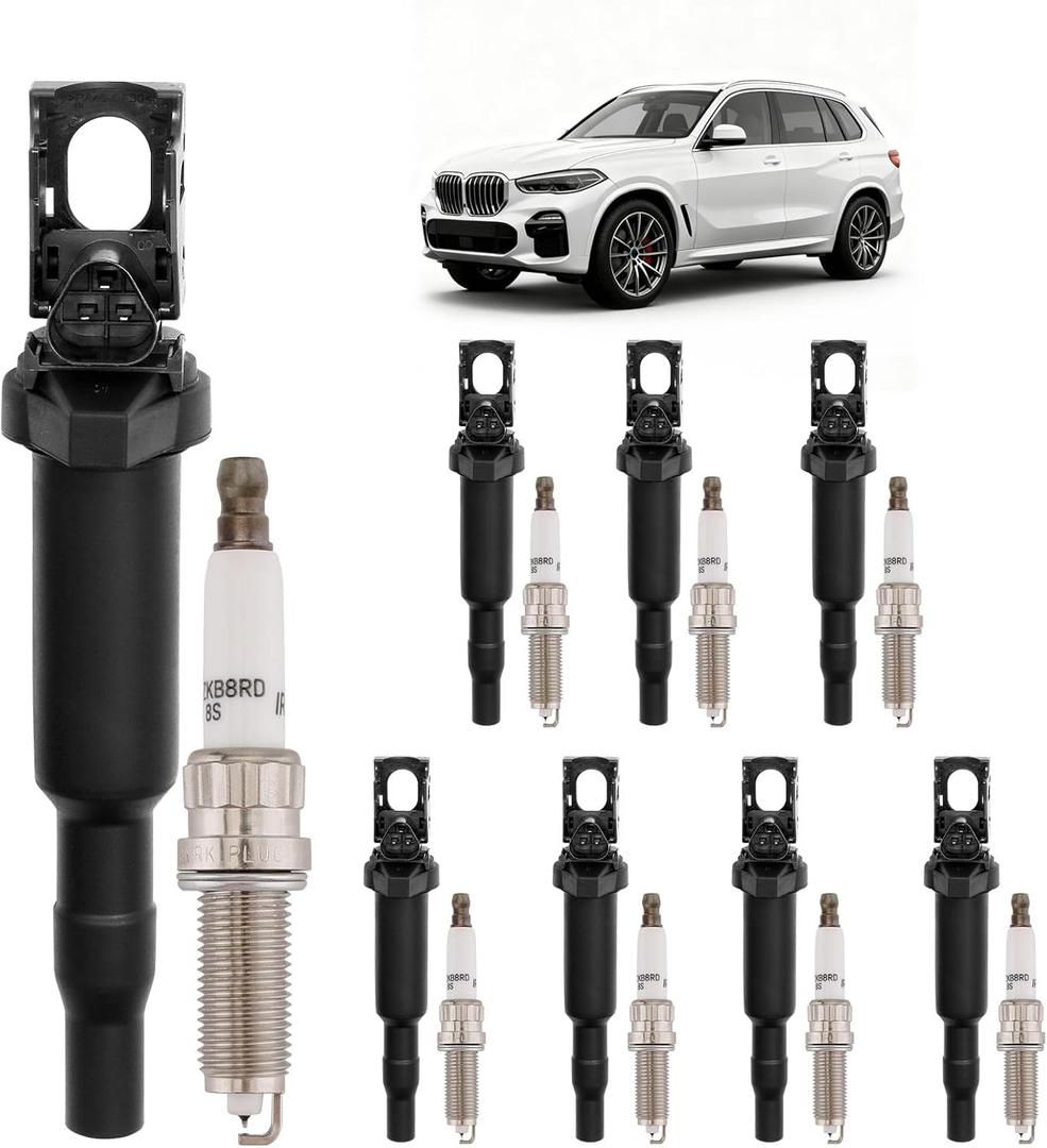HQPASFY Ignition Coil Packs & Spark Plugs (Set of 8), Compatible with 2002-2016 BMW X5/X6, 545i/550i/645ci/650ci/650i/745i/745li & More 4.4L 4.8L, Replaces# 0221504470, UF592
