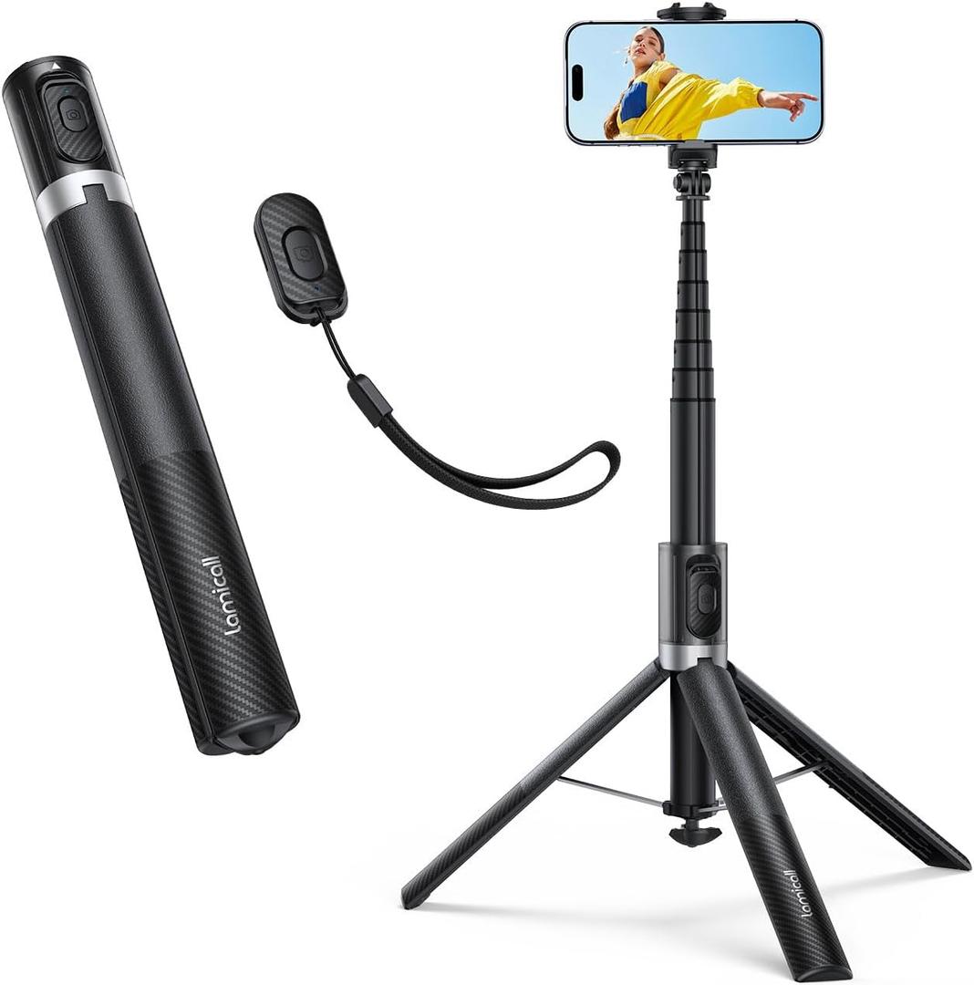 Lamicall 65" Phone Tripod & Selfie Stick [Tap toOpen] iPhone Tripod with Remote & Cold Shoe, Aluminum Phone Stand for Recording Compatible with iPhone for Video Recording Live Stream Vlog Black