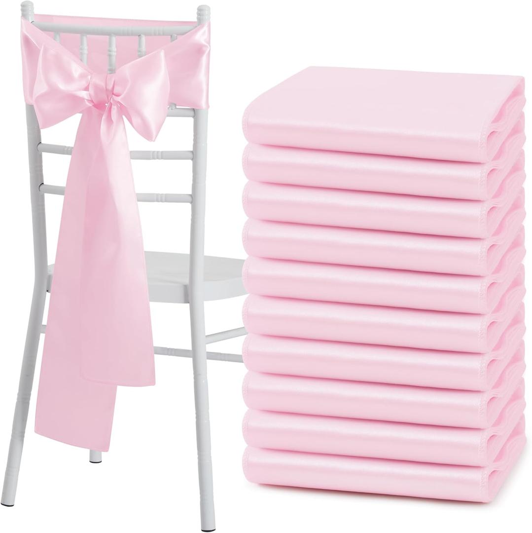 10 Pcs Pink Satin Chair Sashes Bows Universal Chair Cover for Wedding Reception Events Banquets Party, Hotel Event Decorations, 6 x 108 inch (6"x108"-10 Pack)