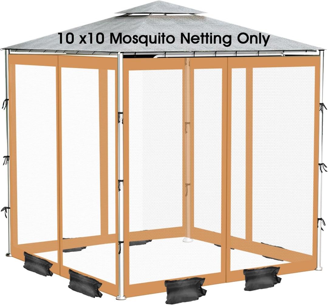 ShowyLive 10x10 Patio Umbrella Mosquito Netting with Zipper 4 Doors & 8 Weight Bag - Adjustable Polyester Mesh Bug Screen for Outdoor Umbrellas, Garden, Patio Tables (Brown)