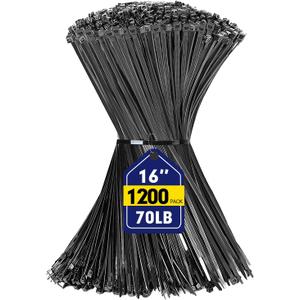 Zip Ties, RAZCC 1200pcs Black Cable Zip Ties 16 Inch, Heavy Duty Plastic Wire Ties with 70lb Tensile Strength, Self-Locking Black Nylon Tie Wraps for Indoor and Outdoor