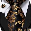 Hi-Tie Mens Plaid Ties Classic Paisley Necktie with Handkerchief Cufflinks Set Business Stripe Tie (Black Gold Floral)