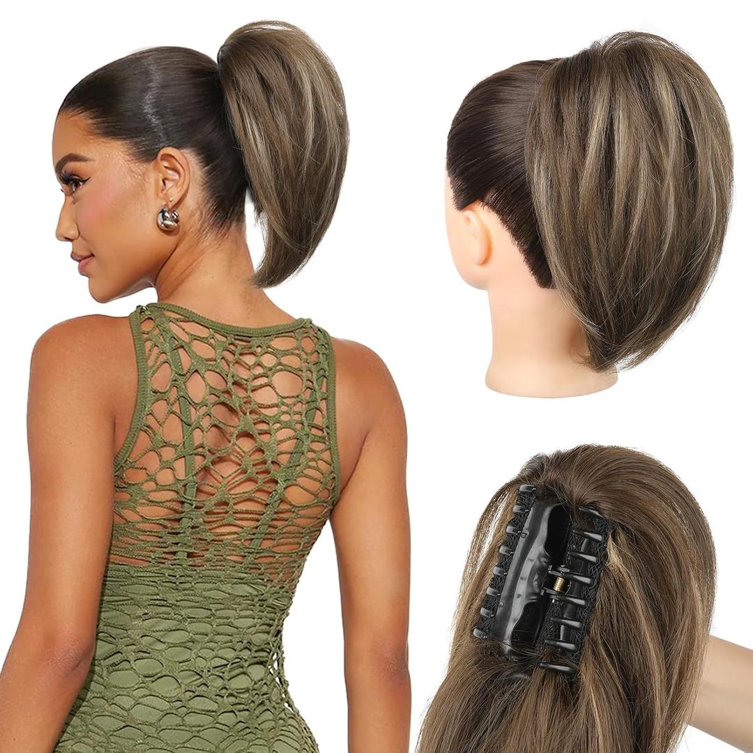 Ponytail Extension - 10" Short Claw Clip in Ponytail Hair Extensions Messy Bun Hair Piece Natural Soft Synthetic Straight Pony Tail Hair Pieces for Women - Chocolate Brown with Highlights