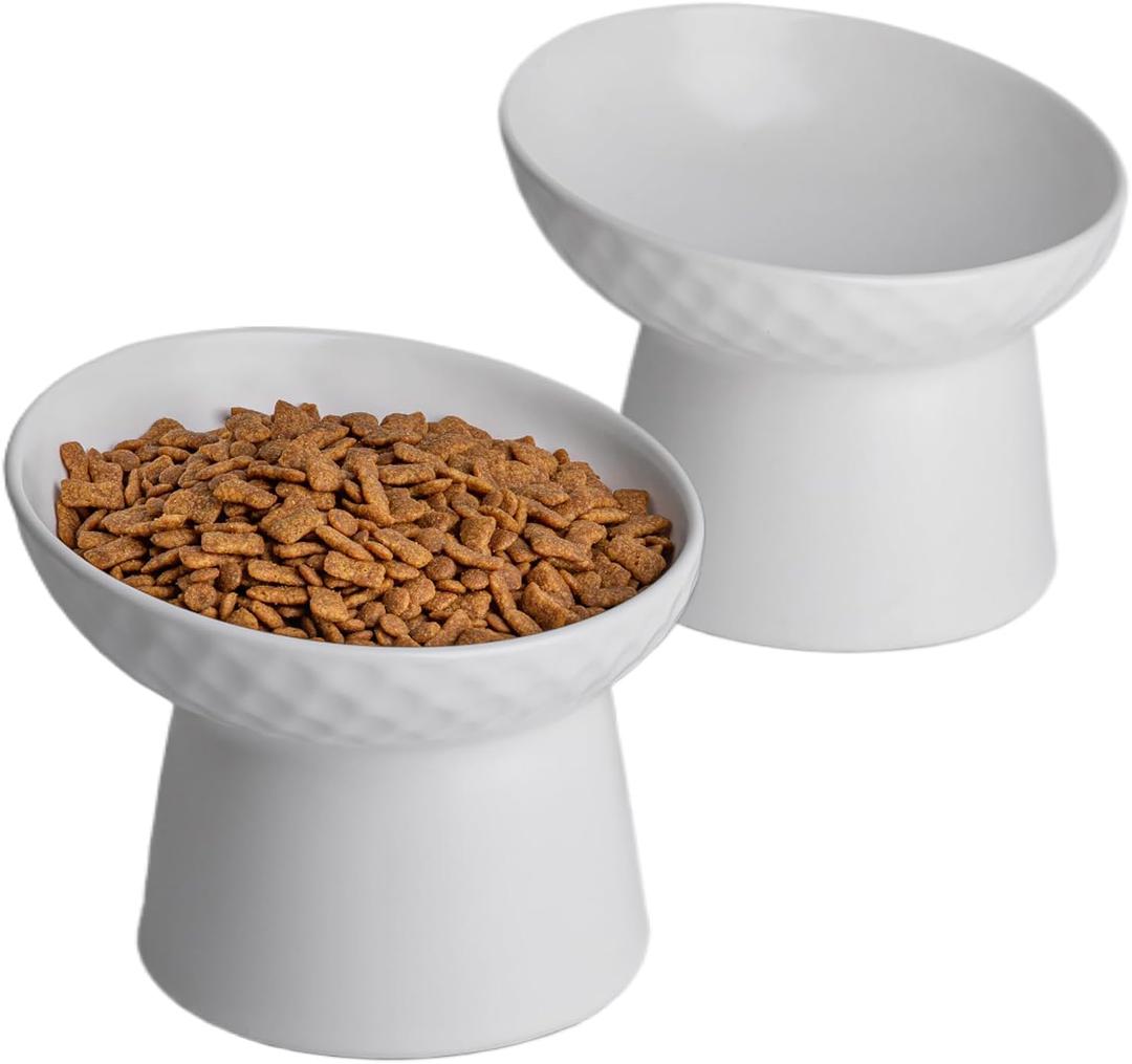 6 inch Small Ceramic Raised Cat Bowls, Tilted Elevated Food or Water Bowls, Stress Free, Backflow Prevention, Dishwasher and Microwave Safe, Lead & Cadmium Free(White 6 inch 2pc)