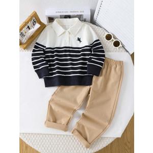 Toddler/Little Boys Long Sleeve Polo Sweatshirt Set Breathable Pullover Striped Outfits 2 Piece Set Stripe Polo 6T