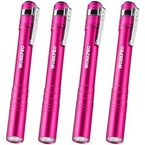 WORKPRO LED Pen Light, Aluminum Pen Flashlights, Pocket Flashlight with Clip for Inspection, Emergency, Everyday, 2AAA Batteries Include, Pink(4-Pack)