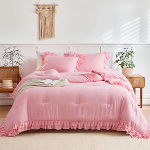 Pink Ruffle Comforter Set Full/Queen Size, 3 Pieces (1 Ruffled Comforter and 2 Pillowcases) Farmhouse Shabby Chic Style with 2 Layers Ruffle, Solid Color Lightweight Fluffy Bedding Sets for All Season