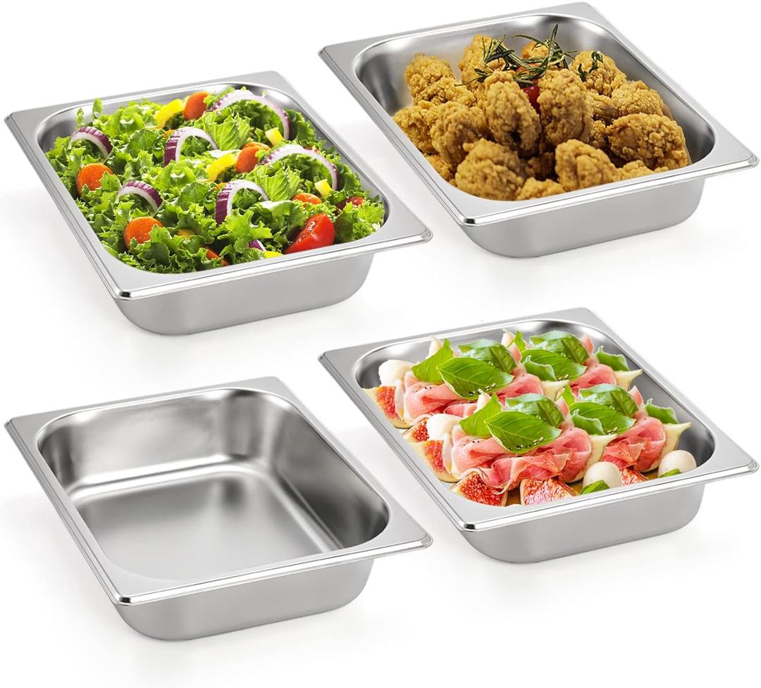 TOPZEA 4 Pack Hotel Pans Half Size, 2.5" Deep 1/2 Size Stainless Steel Steam Table Pan Buffet Catering Food Pan, Warmer Breading Tray Batter Pans for Hotel, Party Catering Supplies