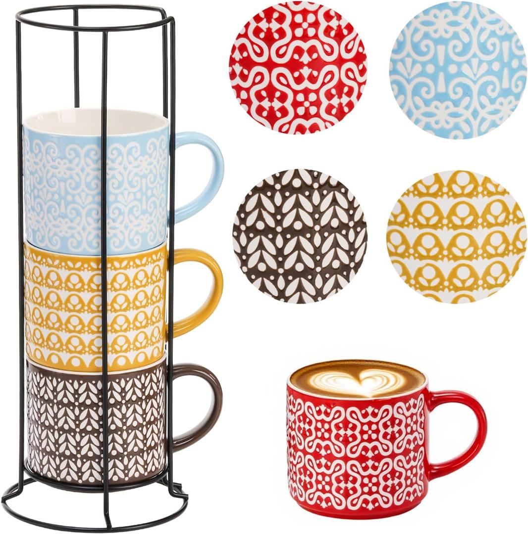 Hiceeden Set of 4 Stackable Coffee Mugs with Rack, 15 oz Colorful Ceramic Coffee Mugs with Metal Stand, Coffee Cup Set for Espresso, Cocoa, Latte, Americano, Cappuccino, Tea, Milk, Multi-colored