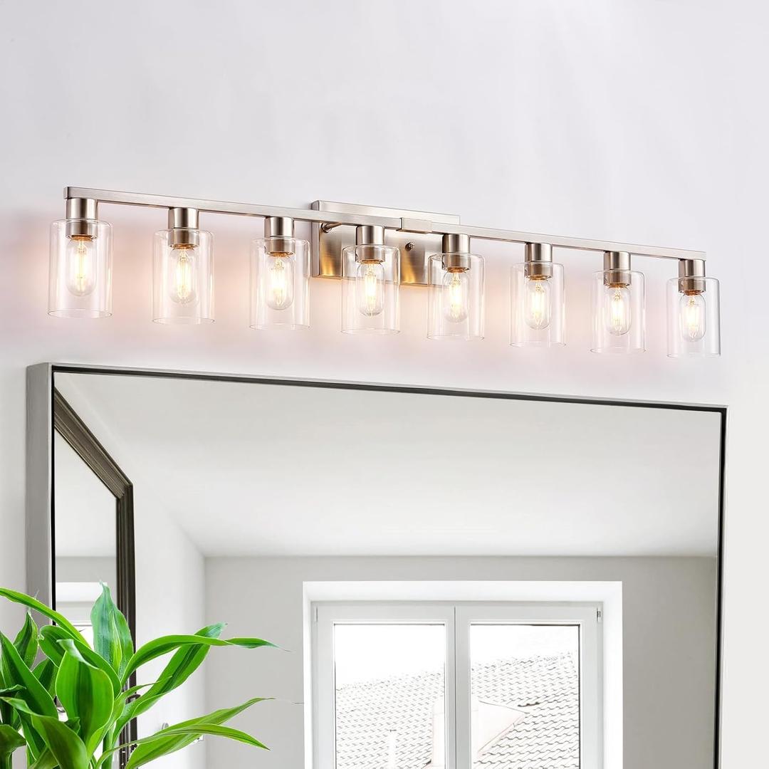 8 Light Bathroom Vanity Light, Modern Large Brushed Nickel Vanity Lights Fixtures, Farmhouse Bathroom Lighting Fixture Over Mirror with Clear Glass Shade for Mirror, Bedroom, Living Room, Wall Lamp (8 Light, Brushed Nickel)