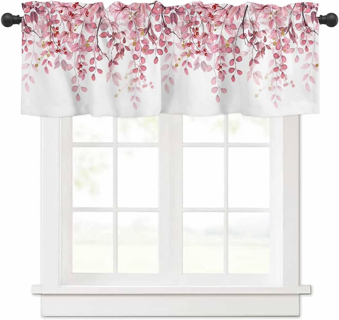Pink Eucalyptus Leaves Curtain Valance for Windows Watercolor Window Treatments 1 Panel Short Curtains for Kitchen Windows Bathroom Bedroom,54 x 18 Inch