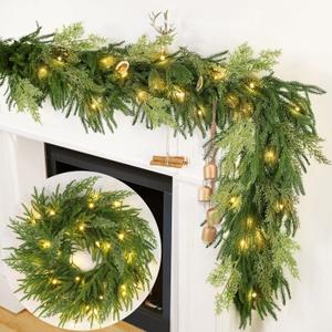 Prelit & Timer - 6 Ft by 12 Inch Christmas Garland with Lights, Real Touch Norfolk Pine Garlands Cedar Garland Artificial Realistic Soft Thickness 120 Pine Cypress Tips for Mantle Table Stairs Railing