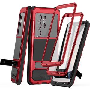 for Samsung Galaxy S25 Ultra Metal Armor Case with 2 Front Frames, Shockproof Dustproof Military-Grade Rugged Heavy Duty Protective Cover with Built-in Screen Protector (Red)